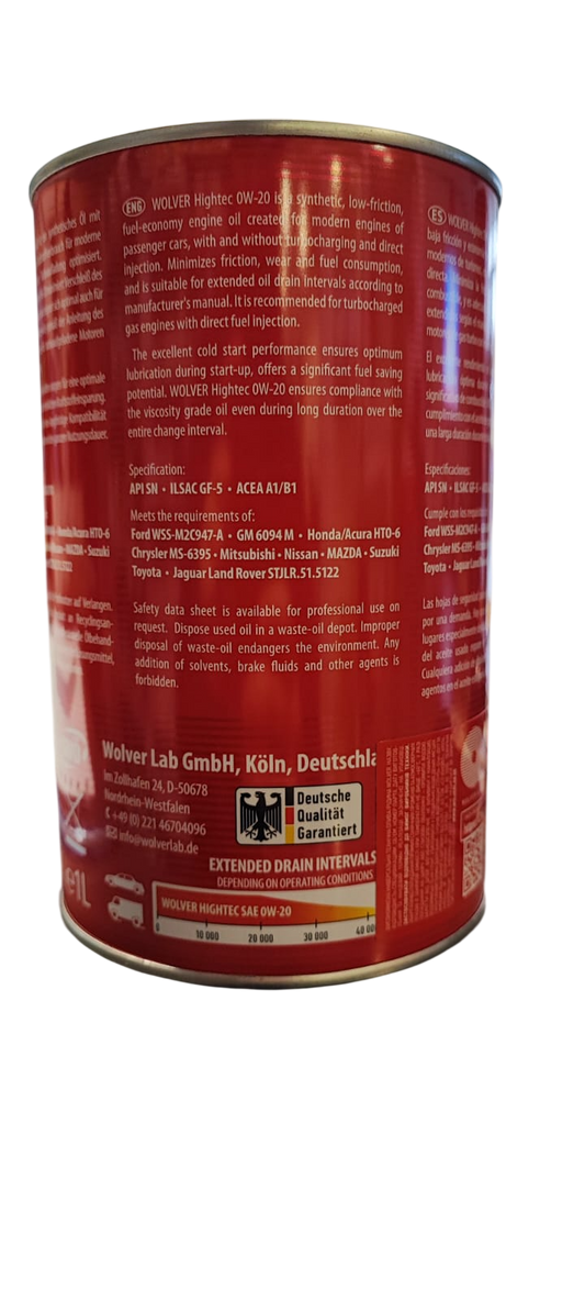 ACEITE 0W20 WOLVER HIGH TEC SINTETICO 1 LITRO