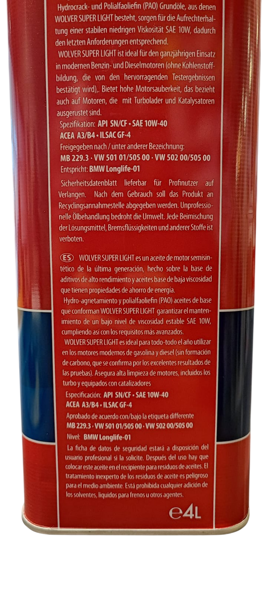 ACEITE 10W40 WOLVER SUPER LIGHT 4 LITROS SEMISINTETICO