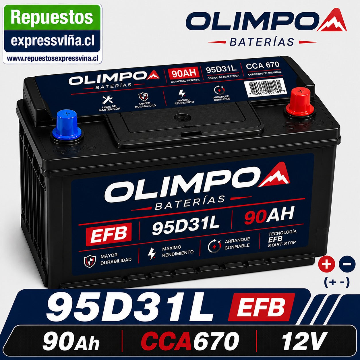 BATERIA OLIMPO 90 AH 670 CCA 12V POSITIVO DERECHA