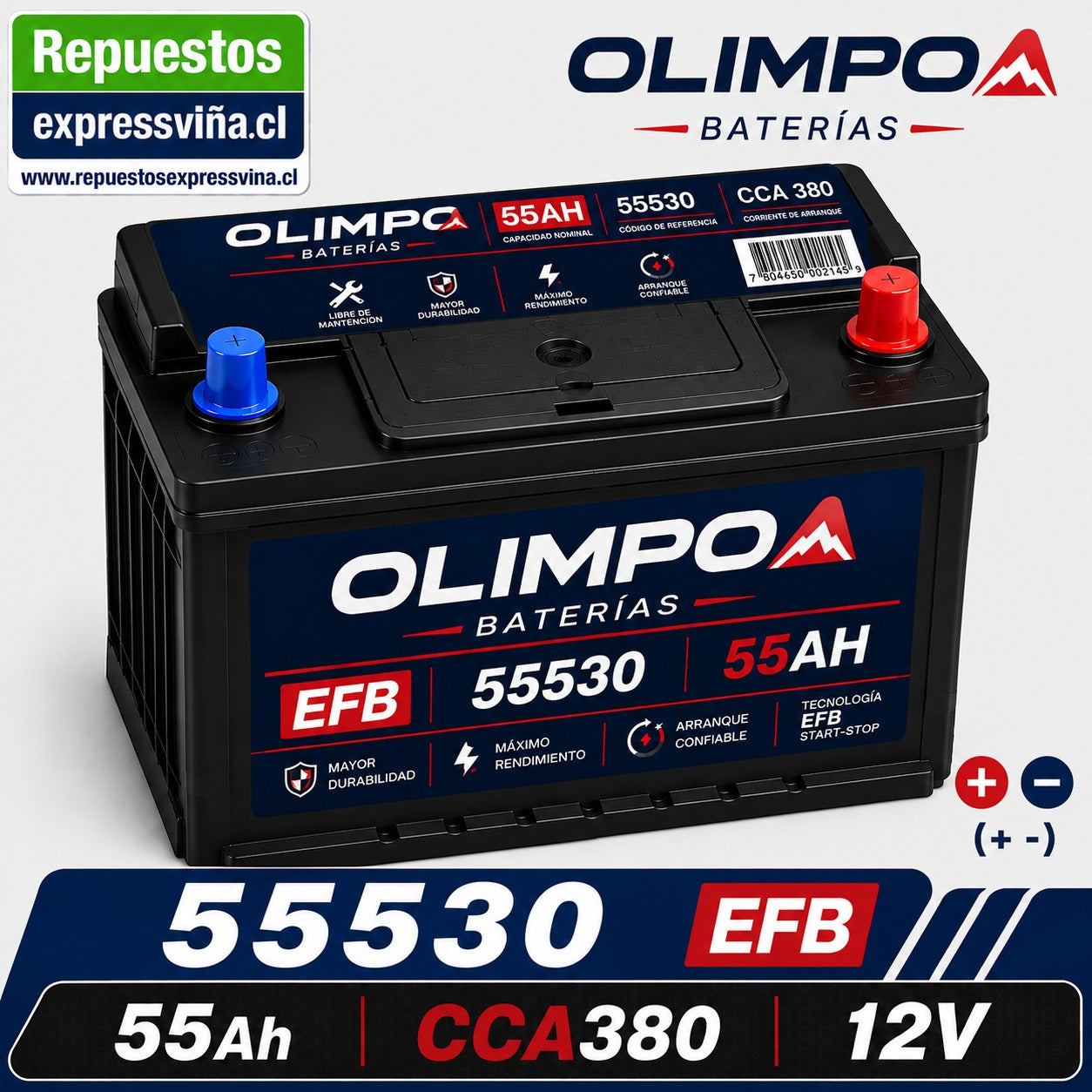 BATERIA OLIMPO 55 AH 380 CCA 12V POSITIVO DERECHA
