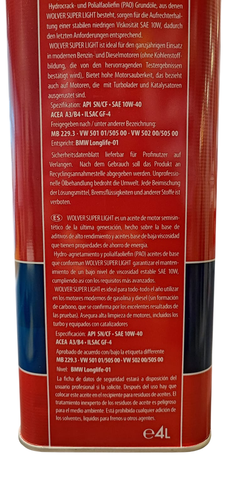 ACEITE 10W40 WOLVER SUPER LIGHT 4 LITROS SEMISINTETICO