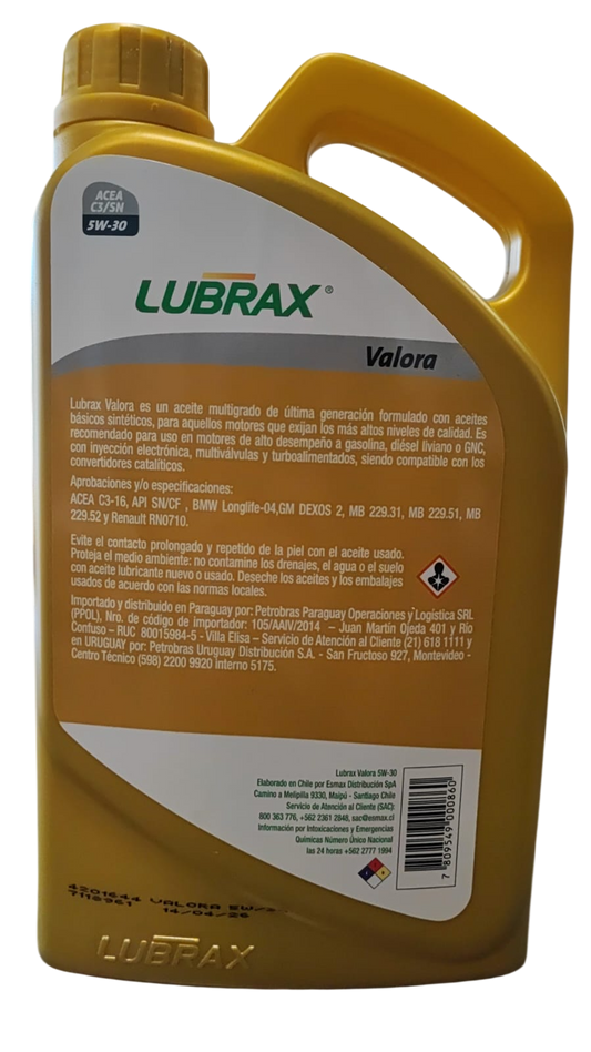 ACEITE 5W30 LUBRAX 100% SINTETICO
