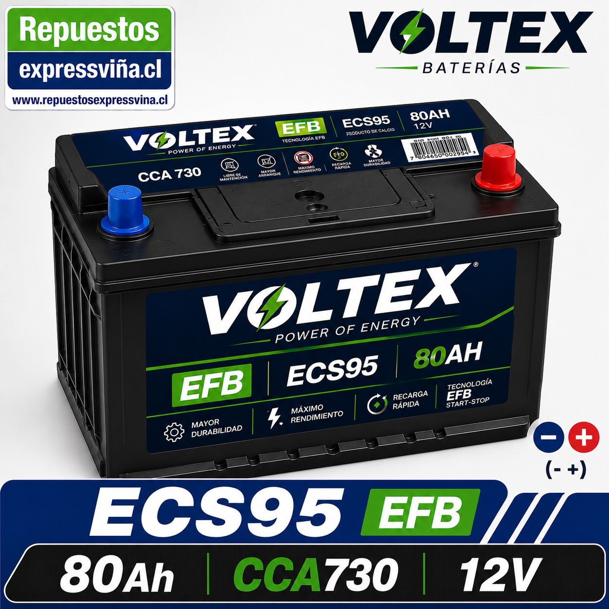 BATERIA VOLTEX 80AH 730 CCA 12V POSITIVO DERECHA