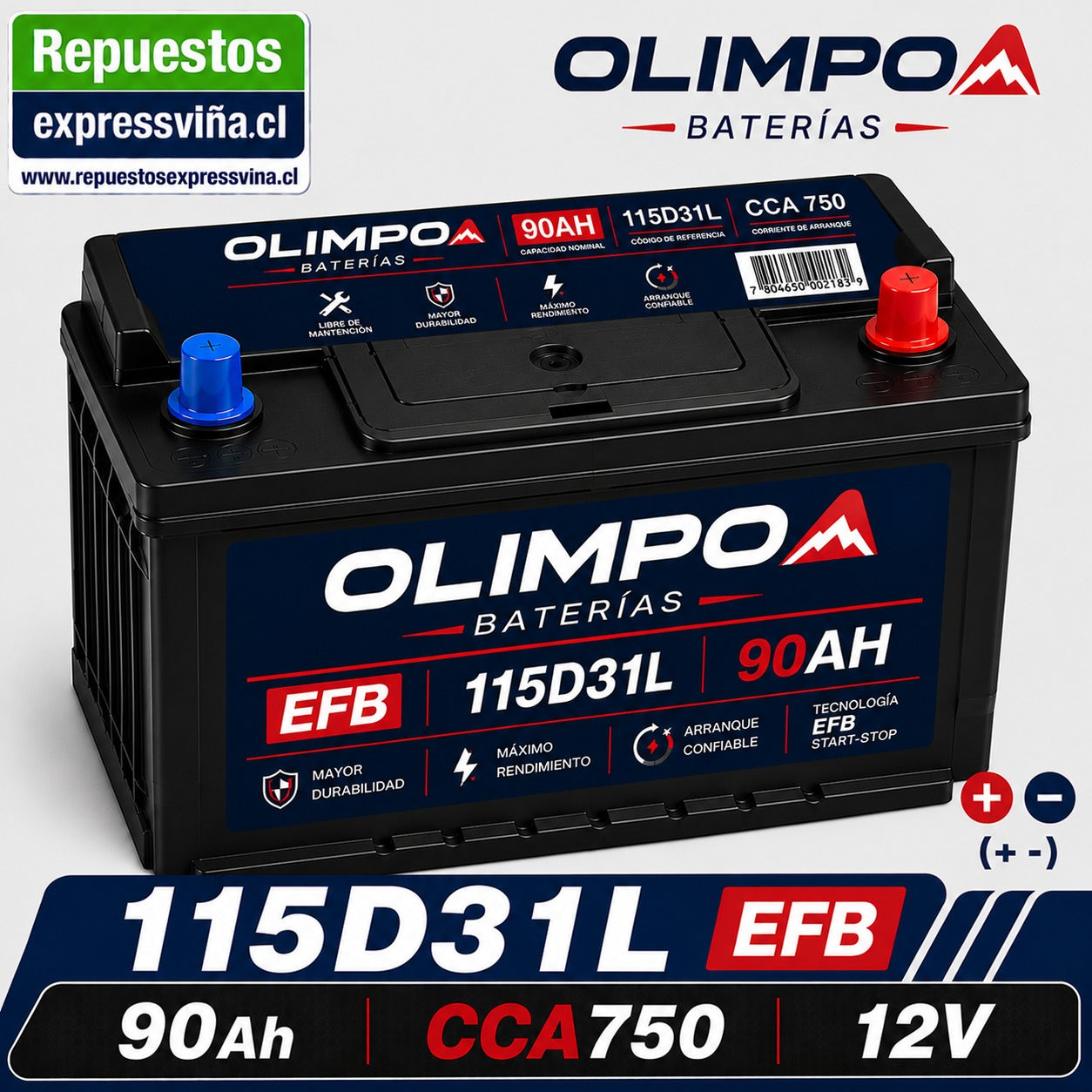 BATERIA OLIMPO 90 AH 750 CCA 12V POSITIVO DERECHA