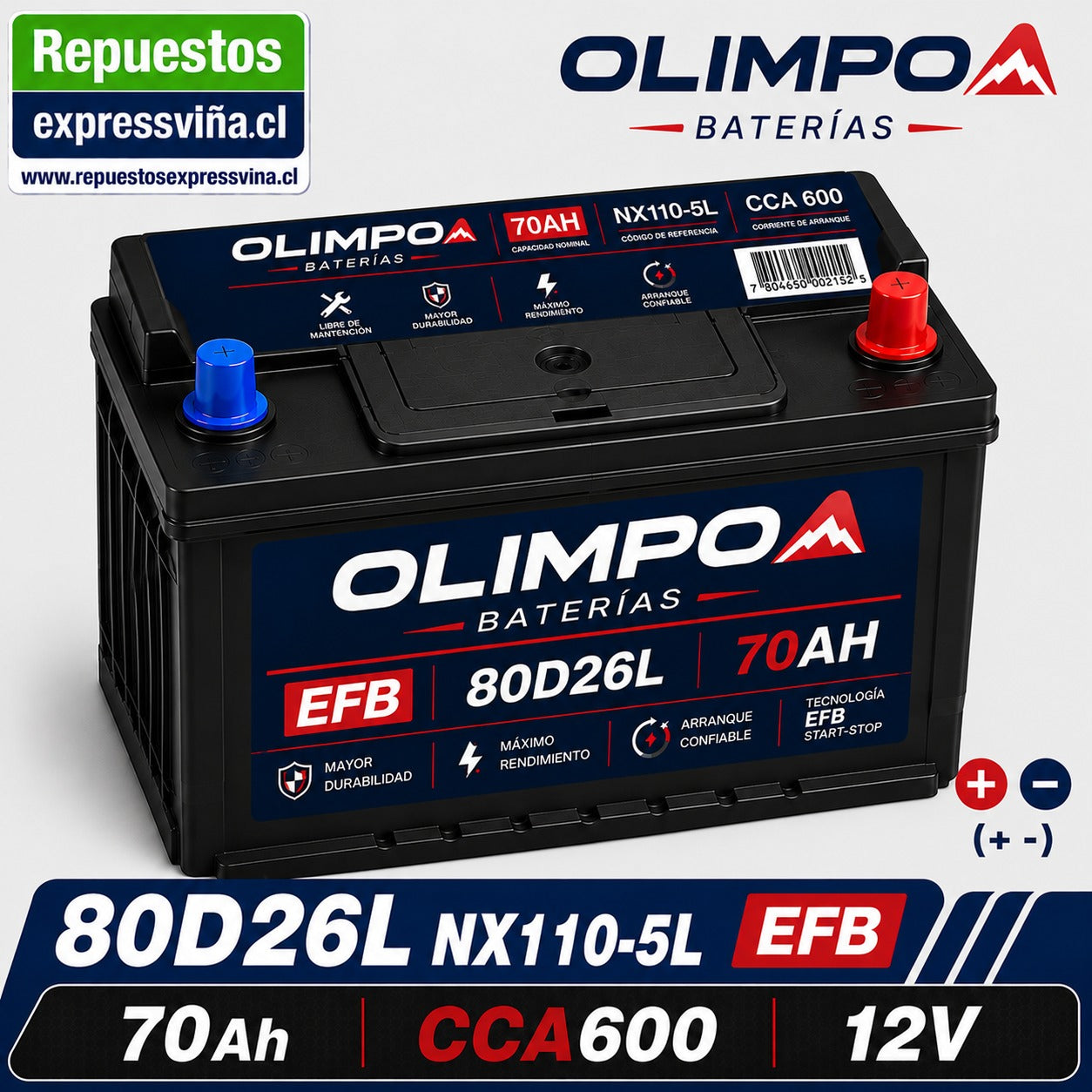 BATERIA OLIMPO 70 AH 600 CCA 12V POSITIVO DERECHA